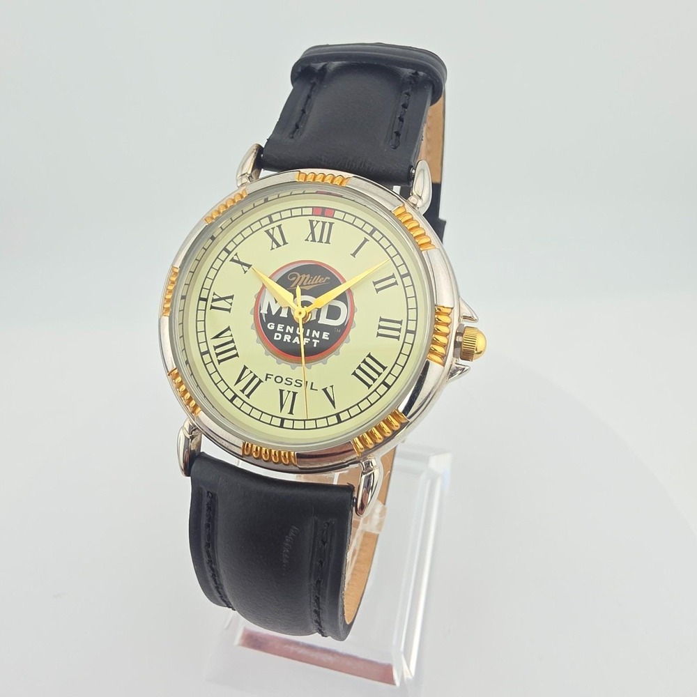 1990s FOSSIL Watch Miller Genuine Draft Mens Black Leather Silver Gold Plate 8"